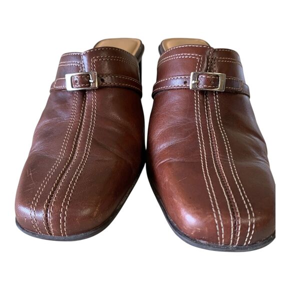 Liz Claiborne Slip On Mules 6.5 Brown Leather Slides Block Heel Rich Mom Office - Picture 4 of 15